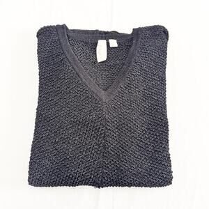 Yansi Fugel Black Knit Crochet Short Sleeve Sweater Top Size Small